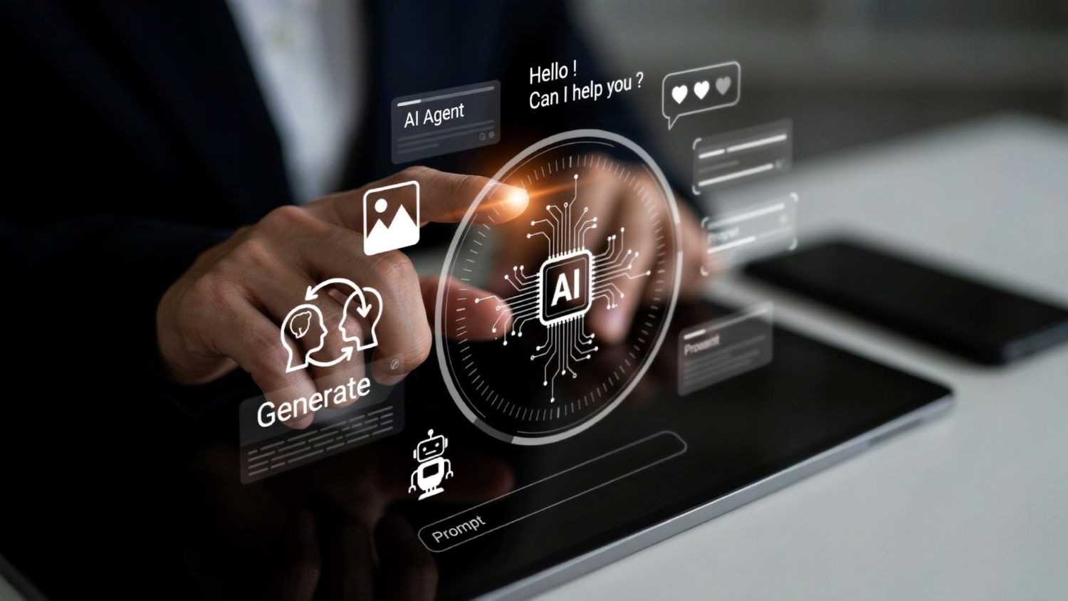 Person using a tablet with an artificial intelligence content interface