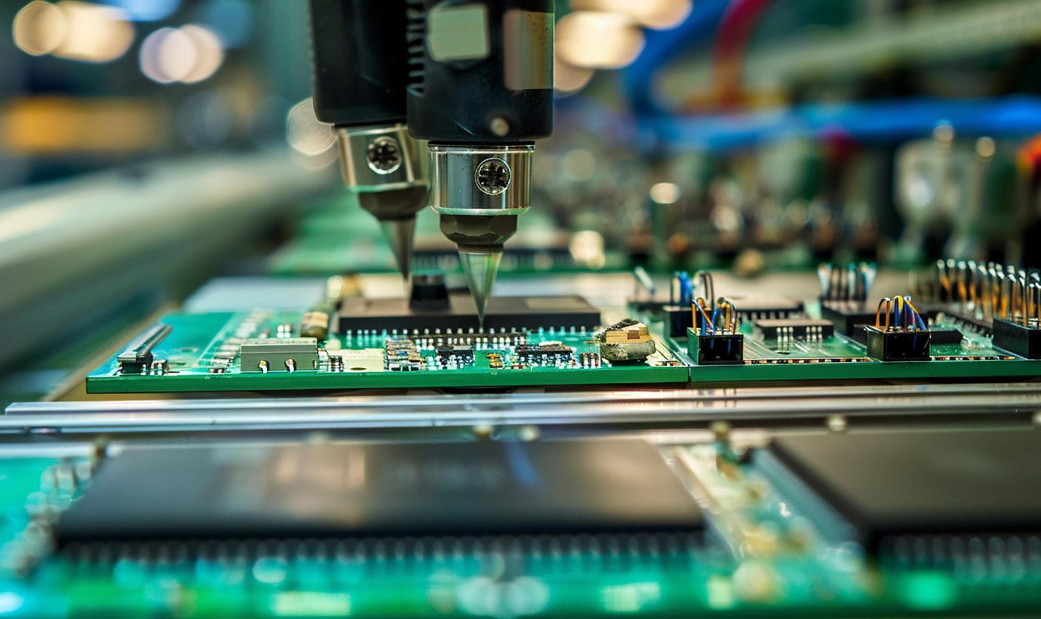PCB AOI inspection camera examining an assembled circuit board